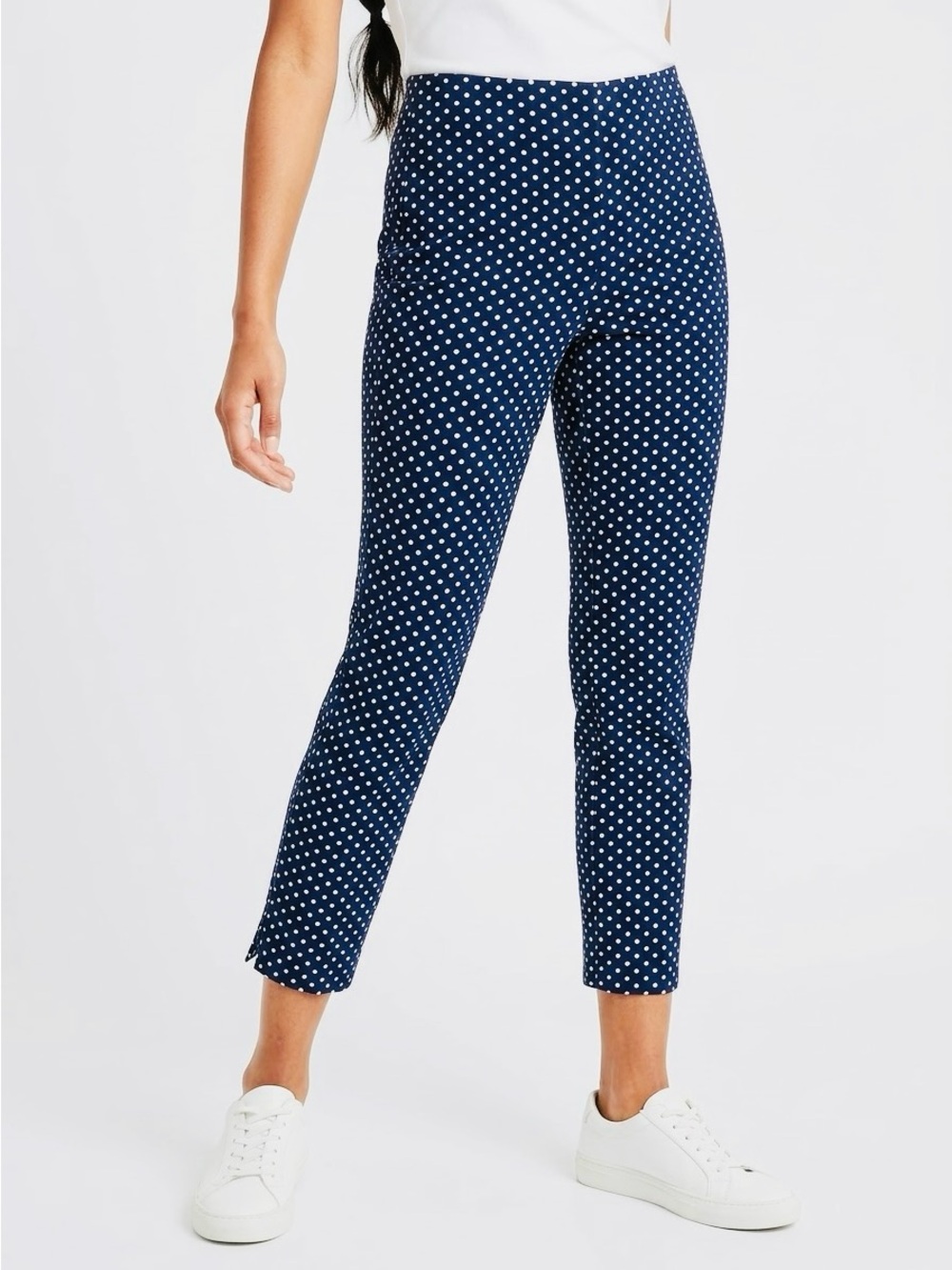 MICHAEL Michael Kors Navy Blue & White Polka Dot Cropped Ankle Ponte Pants